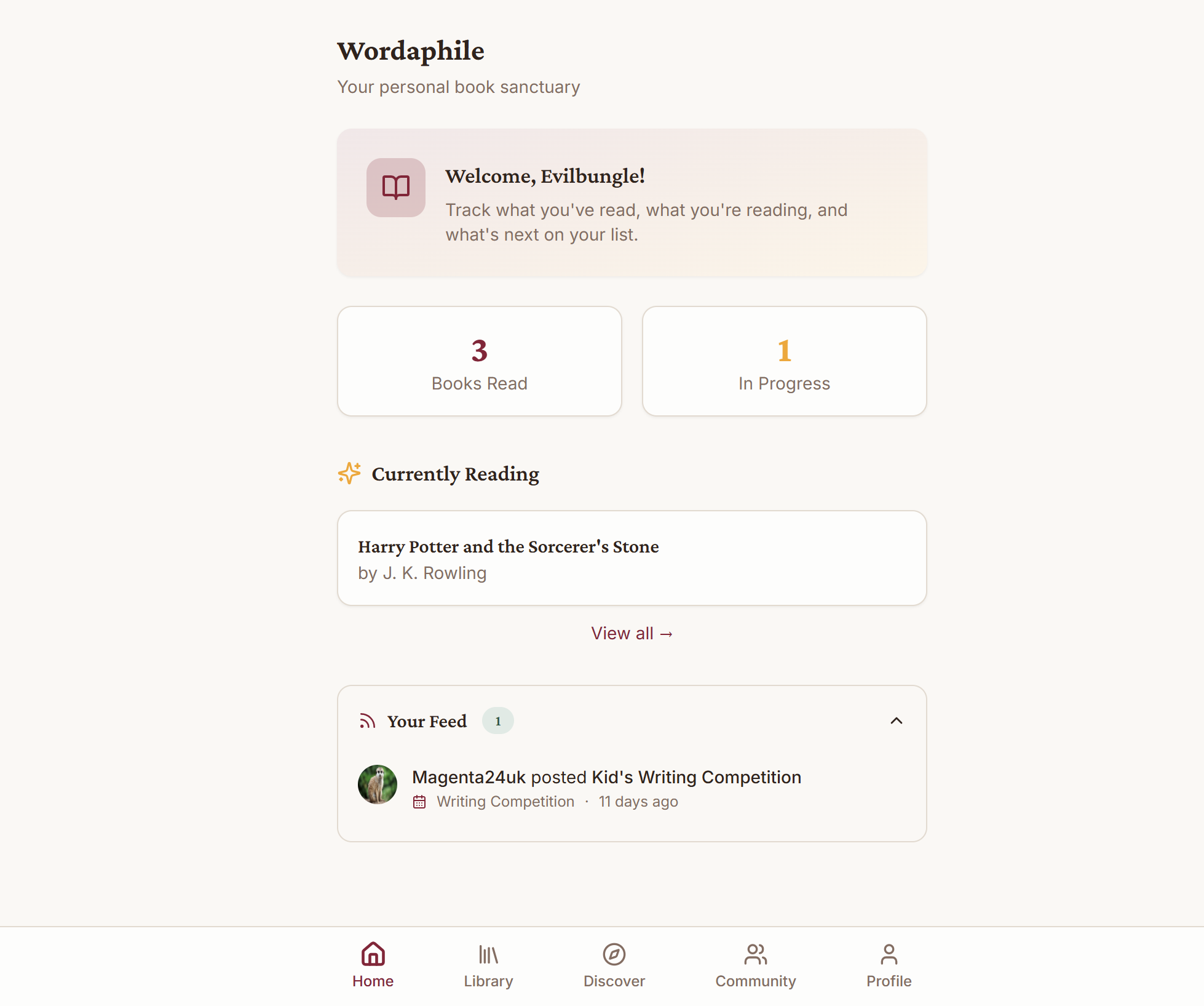 Wordaphile app screenshot showing book tracking interface